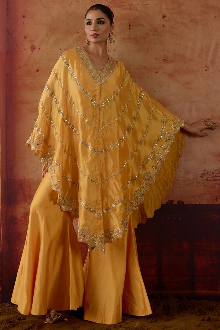 Yellow Pure Silk Zardosi Embroidered Cape Set by Vinita Bhansali at Pernia's Pop Up Shop