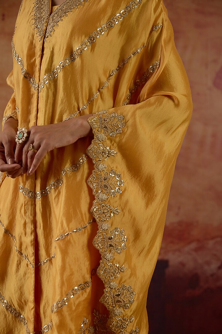 Yellow Pure Silk Zardosi Embroidered Cape Set by Vinita Bhansali at Pernia's Pop Up Shop
