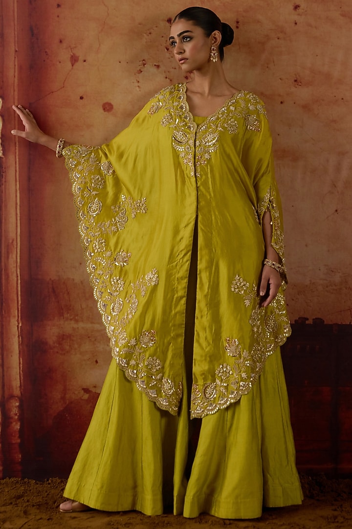 Apple Green Pure Silk Zardosi Embroidered Cape Set by Vinita Bhansali at Pernia's Pop Up Shop