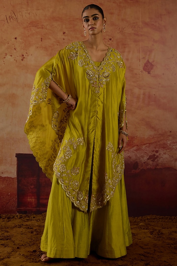 Apple Green Pure Silk Zardosi Embroidered Cape Set by Vinita Bhansali at Pernia's Pop Up Shop
