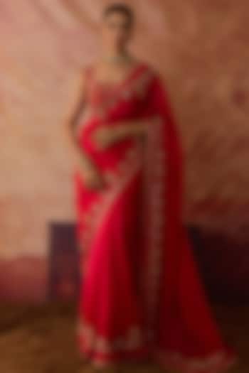 Red Pure Silk Zardosi & Sequins Hand Embroidered Wedding Saree Set by Vinita Bhansali at Pernia's Pop Up Shop