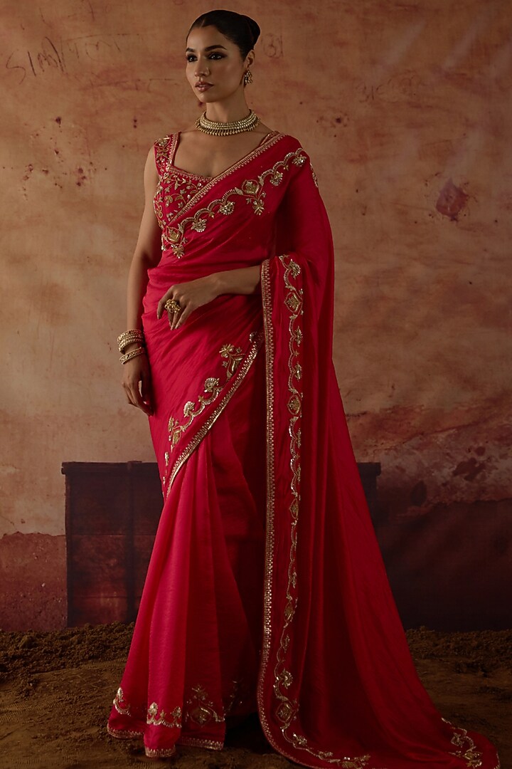Red Pure Silk Zardosi & Sequins Hand Embroidered Wedding Saree Set by Vinita Bhansali at Pernia's Pop Up Shop