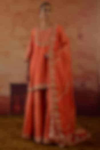 Orange Pure Silk Hand Embroidered Wedding Sharara Set by Vinita Bhansali at Pernia's Pop Up Shop