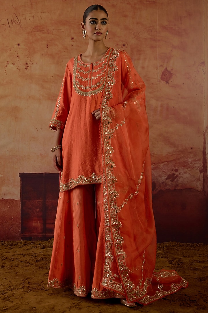 Orange Pure Silk Hand Embroidered Wedding Sharara Set by Vinita Bhansali at Pernia's Pop Up Shop