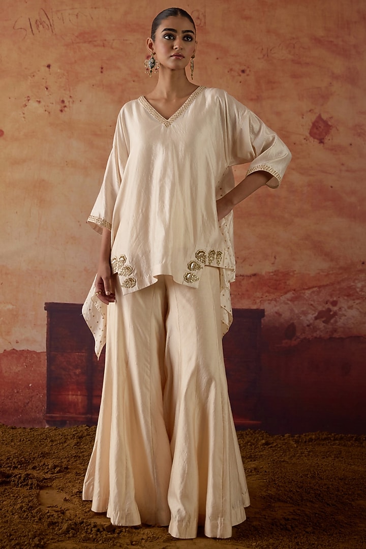 Ivory Pure Silk Zardosi Hand Embroidered Co-Ord Set by Vinita Bhansali at Pernia's Pop Up Shop