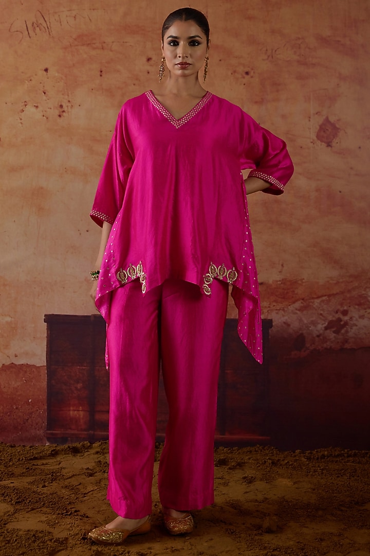 Pink Pure Silk Zardosi Hand Embroidered Co-Ord Set by Vinita Bhansali at Pernia's Pop Up Shop