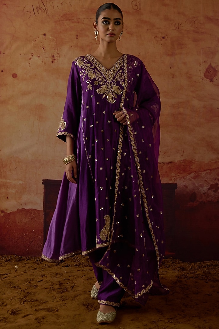 Purple Pure Silk Zardosi Embroidered Wedding Anarkali Set by Vinita Bhansali at Pernia's Pop Up Shop