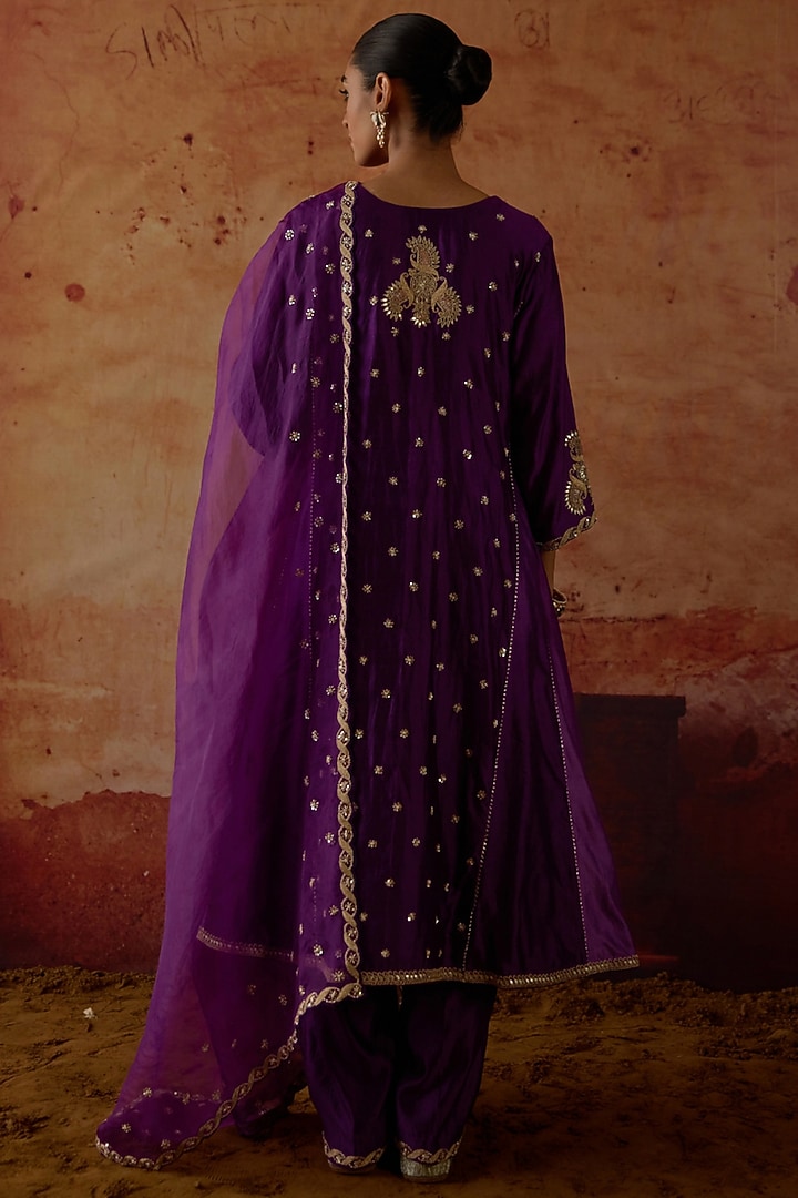 Purple Pure Silk Zardosi Embroidered Wedding Anarkali Set by Vinita Bhansali at Pernia's Pop Up Shop