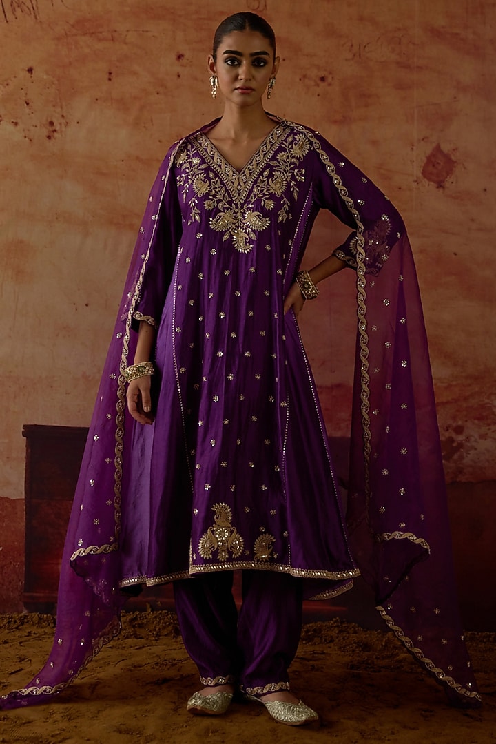 Purple Pure Silk Zardosi Embroidered Wedding Anarkali Set by Vinita Bhansali at Pernia's Pop Up Shop