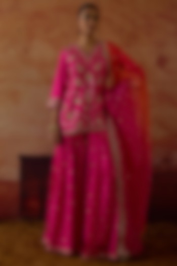 Pink Pure Silk Zardosi Embroidered Wedding Sharara Set by Vinita Bhansali at Pernia's Pop Up Shop