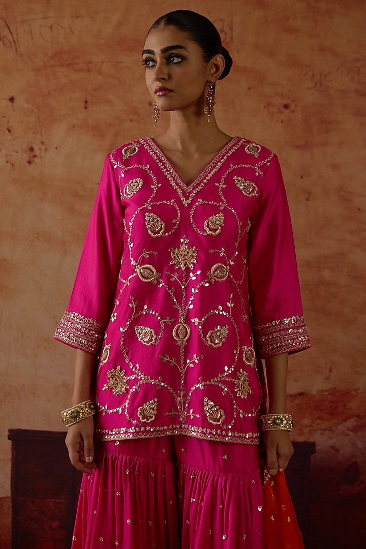 Pink Pure Silk Zardosi Embroidered Wedding Sharara Set by Vinita Bhansali at Pernia's Pop Up Shop