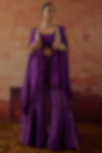 Purple Silk Sequins Hand Embroidered Cape Set by Vinita Bhansali at Pernia's Pop Up Shop