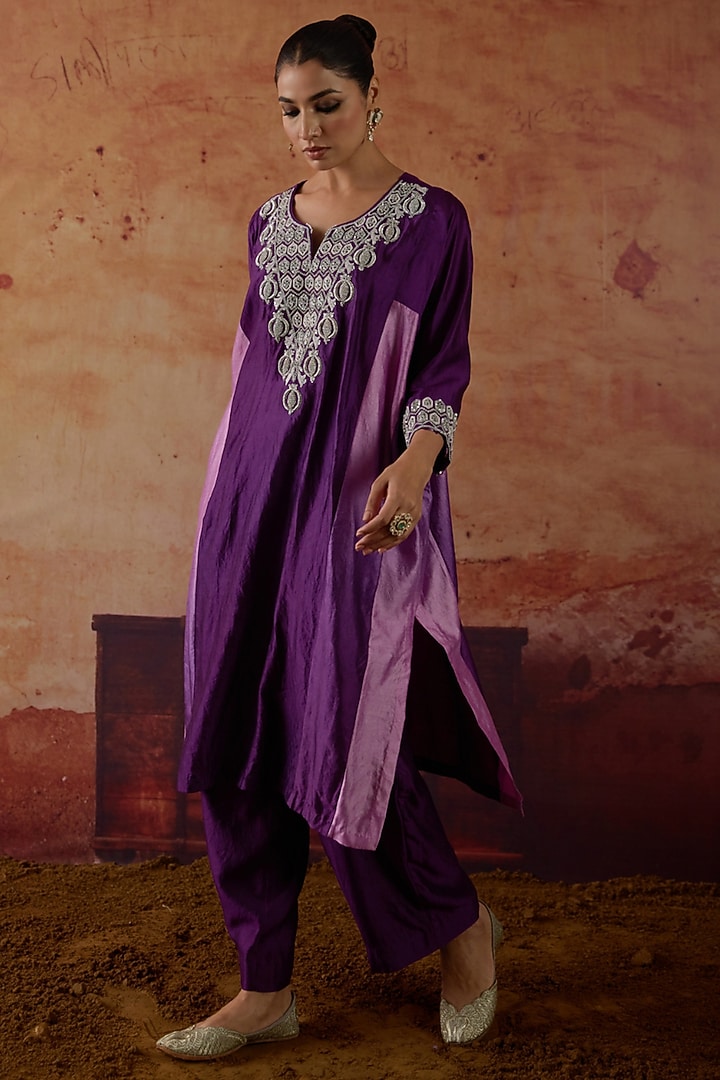 Purple Pure Silk Zardosi Embroidered Kaftan Set by Vinita Bhansali at Pernia's Pop Up Shop