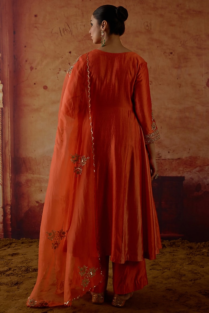 Orange Pure Silk Zardosi Embroidered Wedding Anarkali Set by Vinita Bhansali at Pernia's Pop Up Shop