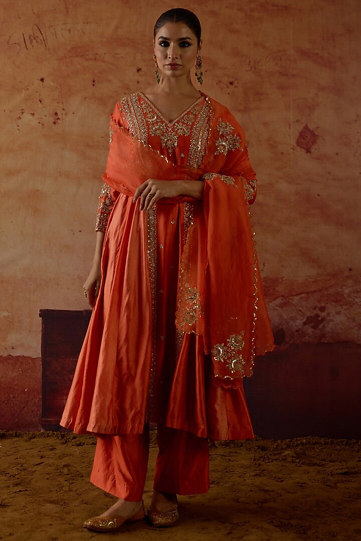 Orange Pure Silk Zardosi Embroidered Wedding Anarkali Set by Vinita Bhansali at Pernia's Pop Up Shop