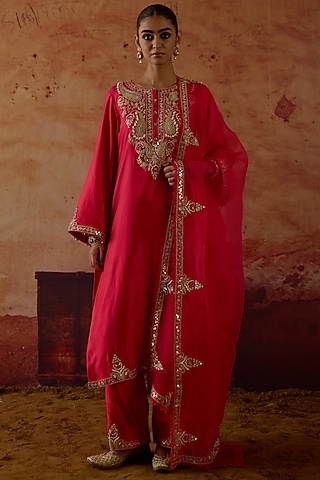 Red Pure Silk Zardosi Hand Embroidered Kurta Set by Vinita Bhansali