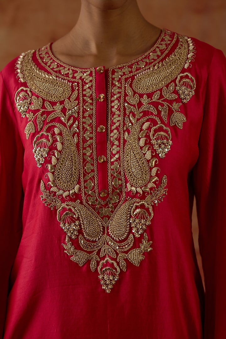 Red Pure Silk Zardosi Hand Embroidered Kurta Set by Vinita Bhansali at Pernia's Pop Up Shop