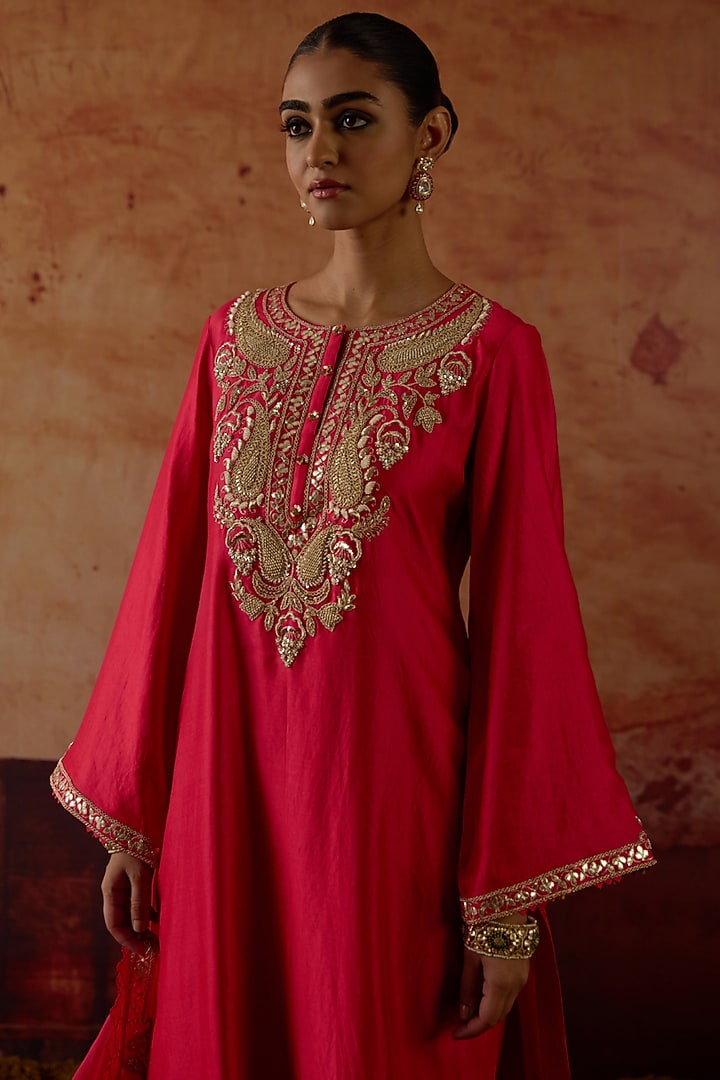 Red Pure Silk Zardosi Hand Embroidered Kurta Set by Vinita Bhansali at Pernia's Pop Up Shop