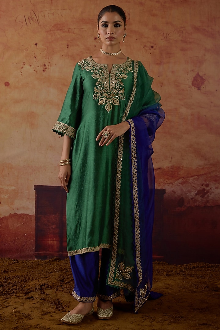Green & Blue Pure Silk Zardosi Hand Embroidered Kurta Set by Vinita Bhansali at Pernia's Pop Up Shop
