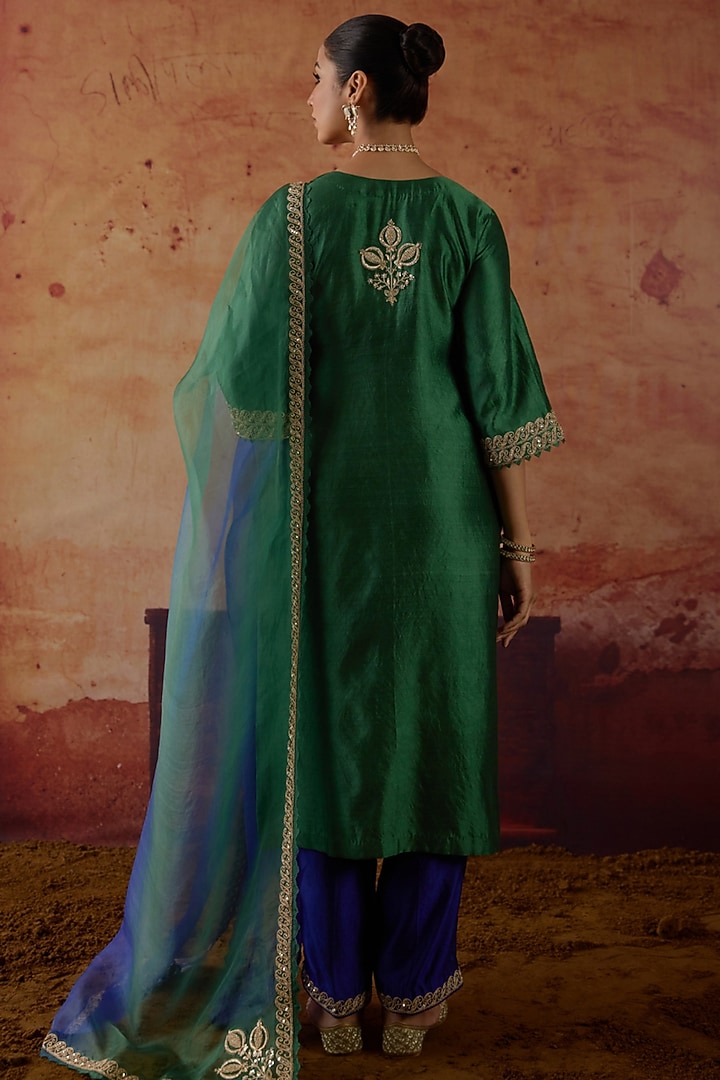 Green & Blue Pure Silk Zardosi Hand Embroidered Kurta Set by Vinita Bhansali at Pernia's Pop Up Shop