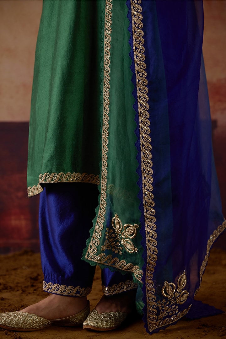 Green & Blue Pure Silk Zardosi Hand Embroidered Kurta Set by Vinita Bhansali at Pernia's Pop Up Shop