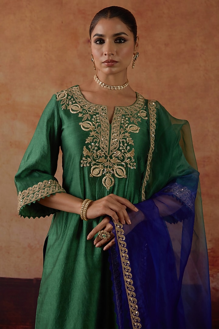Green & Blue Pure Silk Zardosi Hand Embroidered Kurta Set by Vinita Bhansali at Pernia's Pop Up Shop