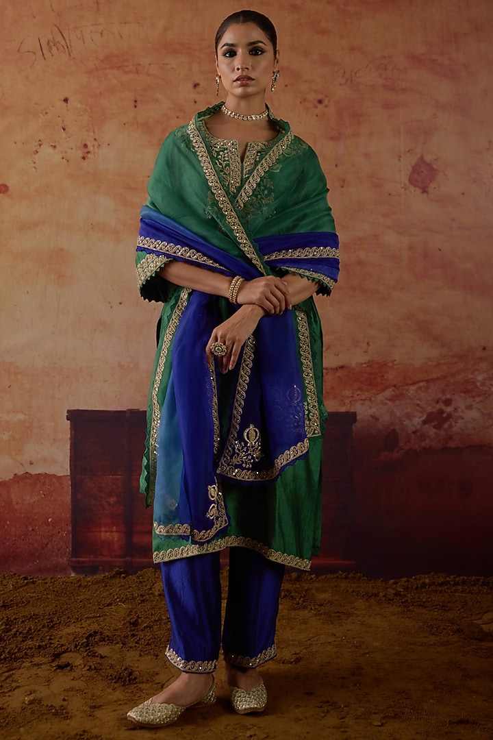 Green & Blue Pure Silk Zardosi Hand Embroidered Kurta Set by Vinita Bhansali at Pernia's Pop Up Shop