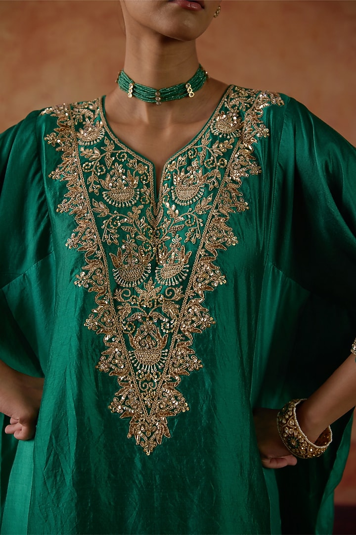 Green Pure Silk Zardosi Hand Embroidered Kaftan Set by Vinita Bhansali at Pernia's Pop Up Shop