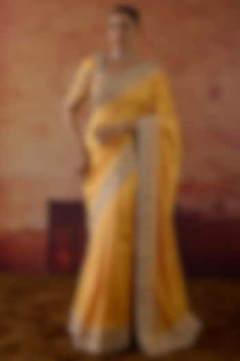 Yellow Pure Silk Zardosi Hand Embroidered Wedding Saree Set by Vinita Bhansali at Pernia's Pop Up Shop