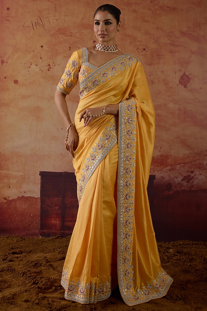 Yellow Pure Silk Zardosi Hand Embroidered Wedding Saree Set by Vinita Bhansali at Pernia's Pop Up Shop
