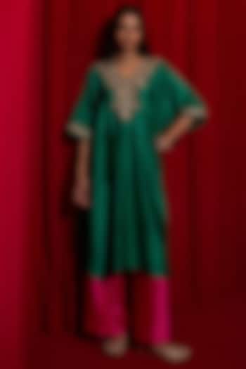 Green Pure Silk Zardosi Embroidered Kaftan Set by Vinita Bhansali at Pernia's Pop Up Shop