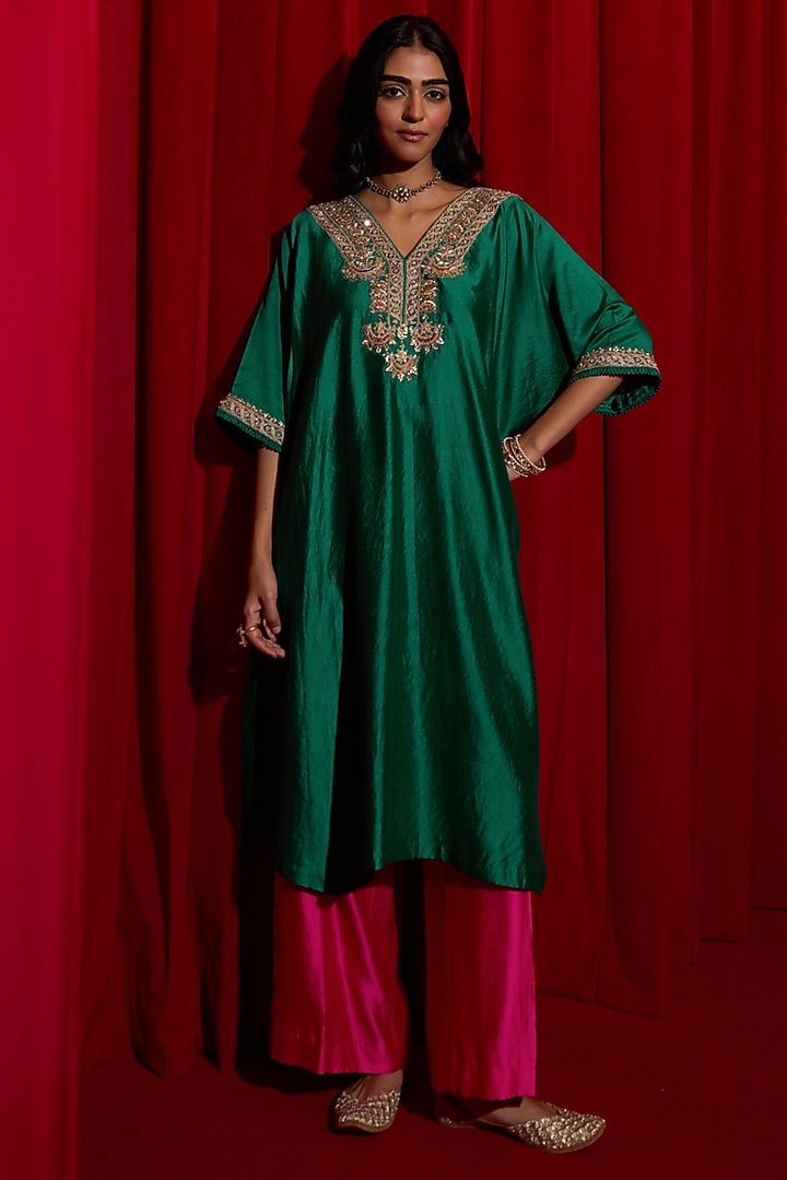 Green Pure Silk Zardosi Embroidered Kaftan Set by Vinita Bhansali at Pernia's Pop Up Shop