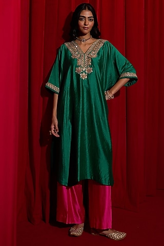 Green Pure Silk Zardosi Embroidered Kaftan Set by Vinita Bhansali
