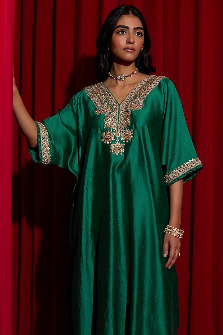 Green Pure Silk Zardosi Embroidered Kaftan Set by Vinita Bhansali at Pernia's Pop Up Shop