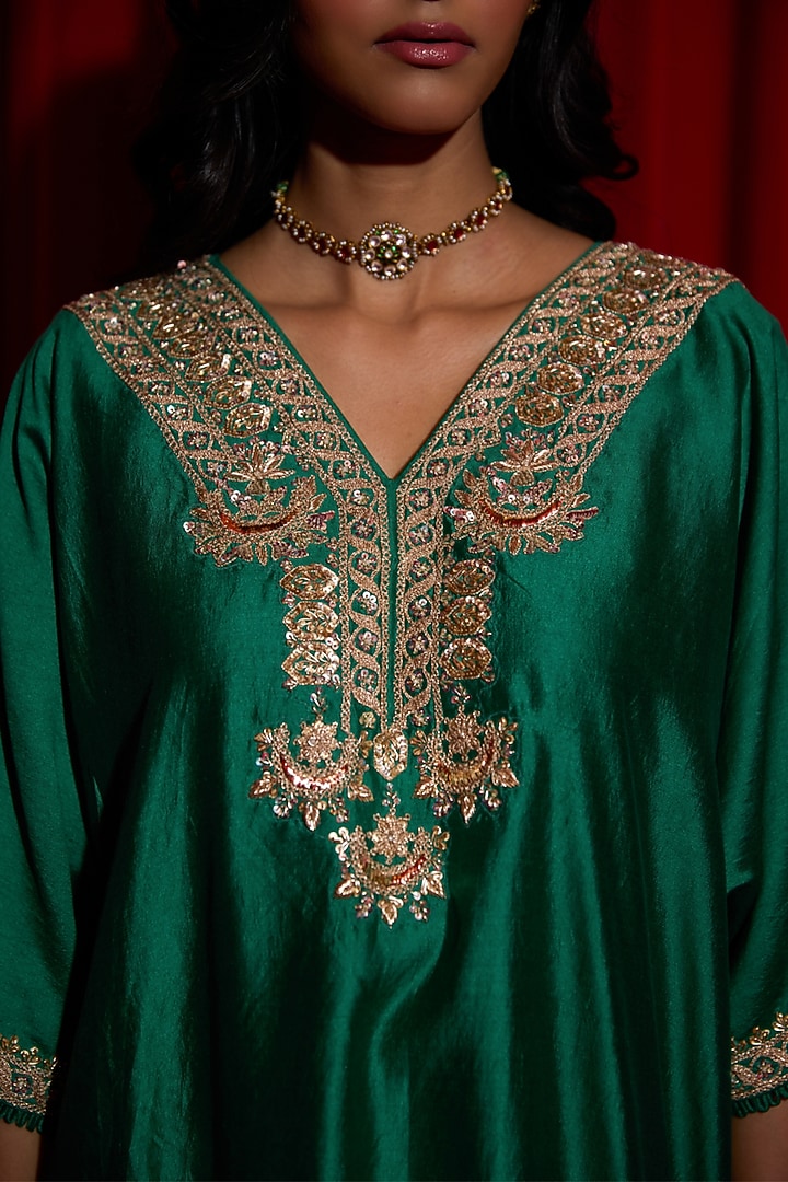Green Pure Silk Zardosi Embroidered Kaftan Set by Vinita Bhansali at Pernia's Pop Up Shop