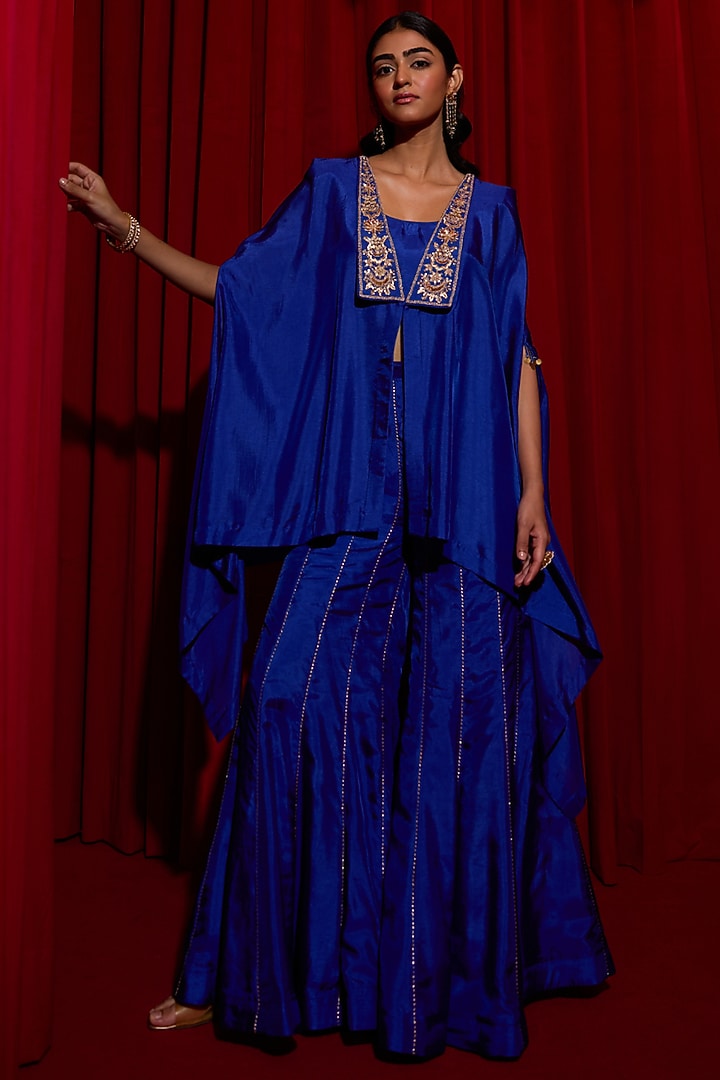 Blue Silk Zardosi Embroidered Cape Set by Vinita Bhansali at Pernia's Pop Up Shop