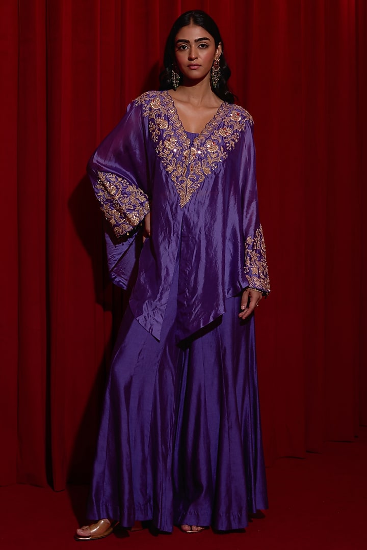 Purple Pure Silk Zardosi Embroidered Cape Set by Vinita Bhansali at Pernia's Pop Up Shop