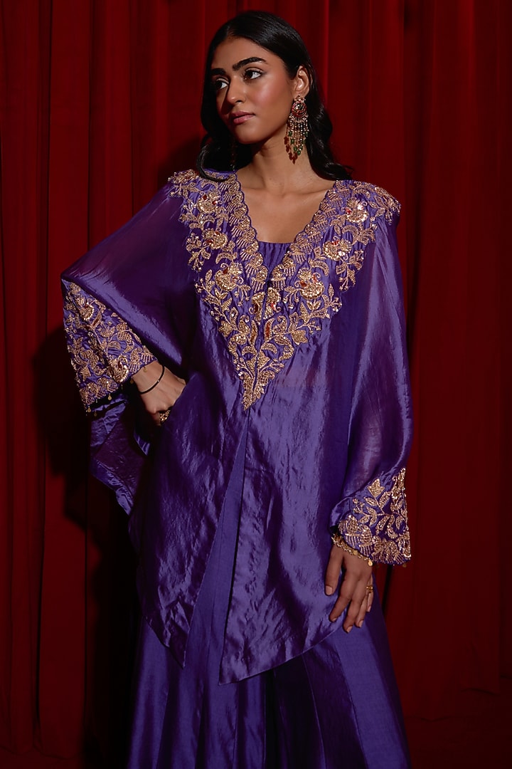 Purple Pure Silk Zardosi Embroidered Cape Set by Vinita Bhansali at Pernia's Pop Up Shop