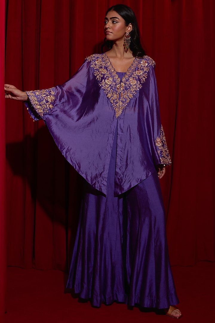 Purple Pure Silk Zardosi Embroidered Cape Set by Vinita Bhansali at Pernia's Pop Up Shop