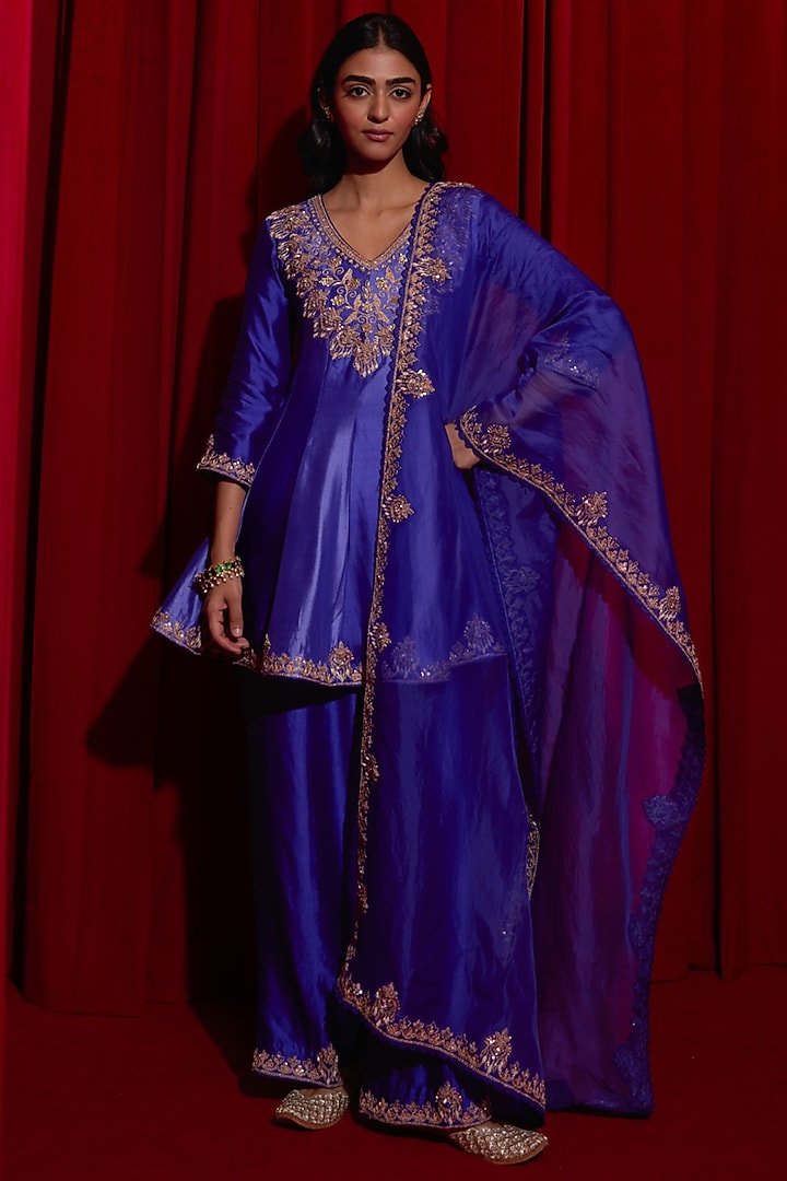 Purple Ombre Pure Silk Sequins Embroidered Wedding Anarkali Set by Vinita Bhansali at Pernia's Pop Up Shop