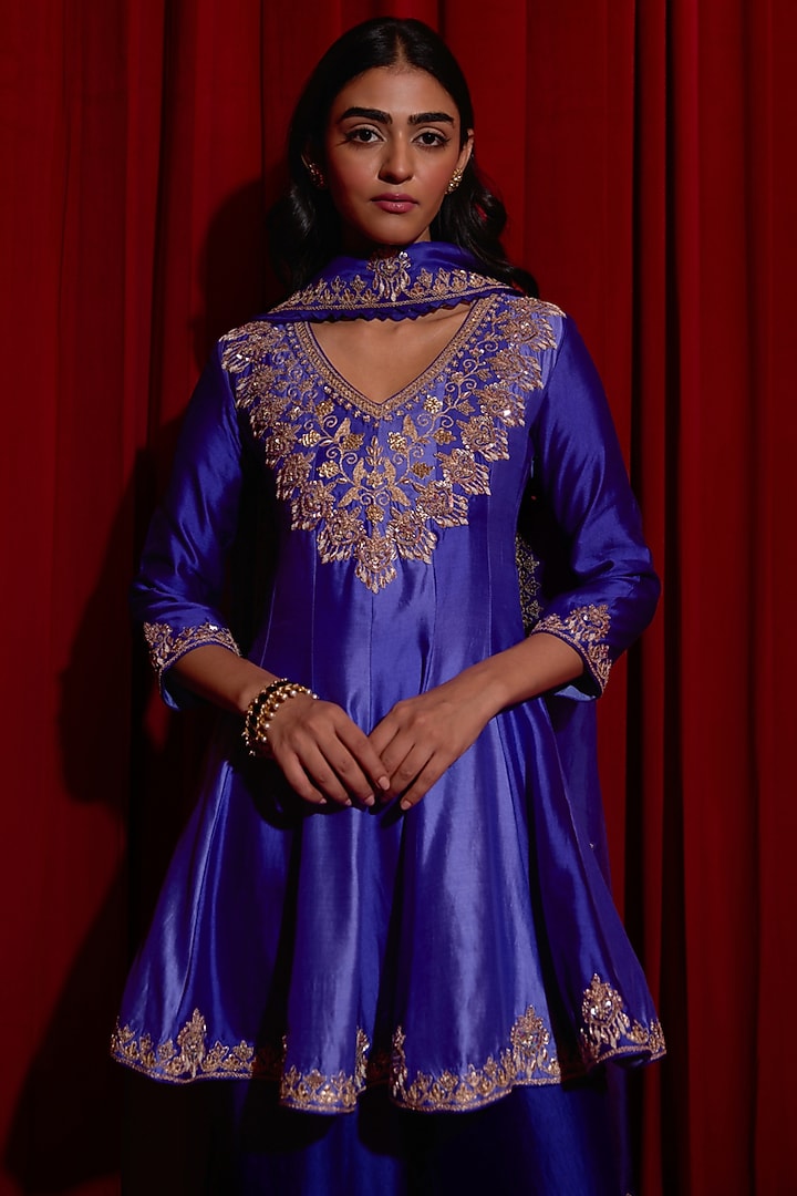 Purple Ombre Pure Silk Sequins Embroidered Wedding Anarkali Set by Vinita Bhansali at Pernia's Pop Up Shop