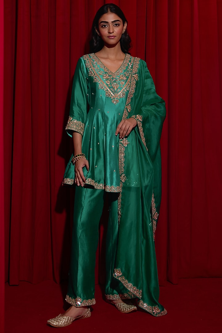 Green Ombre Pure Silk Sequins Embroidered Wedding Anarkali Set by Vinita Bhansali at Pernia's Pop Up Shop