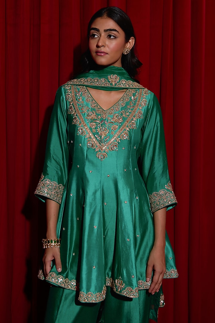 Green Ombre Pure Silk Sequins Embroidered Wedding Anarkali Set by Vinita Bhansali at Pernia's Pop Up Shop
