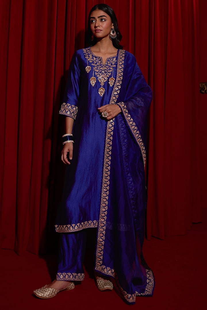 Blue Pure Silk Zardosi Hand Embroidered Kurta Set by Vinita Bhansali at Pernia's Pop Up Shop