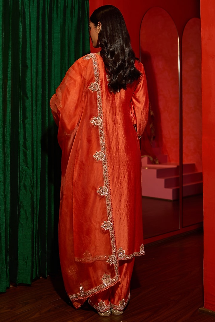 Orange Pure Silk Zardosi Hand Embroidered Kurta Set by Vinita Bhansali at Pernia's Pop Up Shop