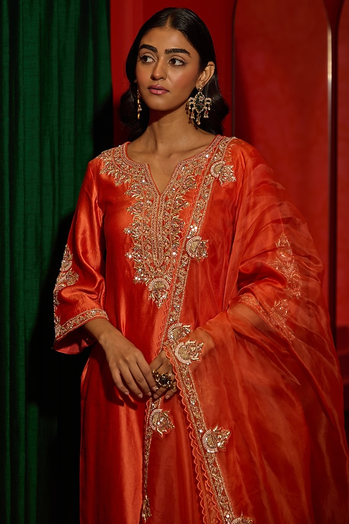 Orange Pure Silk Zardosi Hand Embroidered Kurta Set by Vinita Bhansali at Pernia's Pop Up Shop