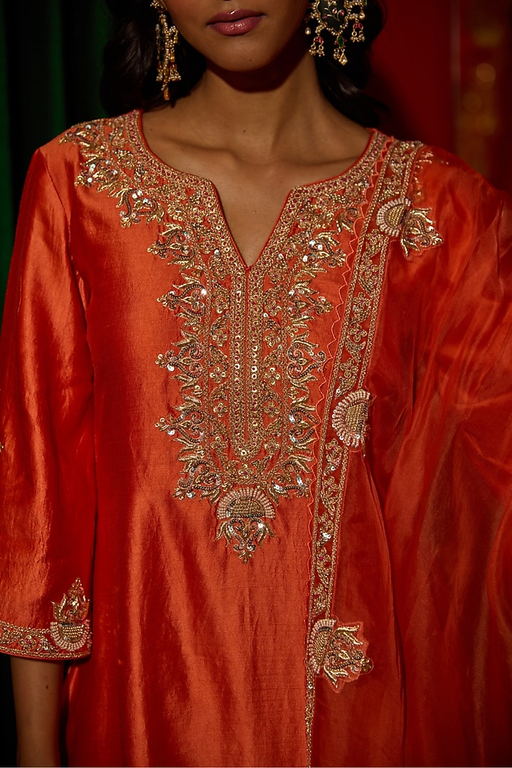 Orange Pure Silk Zardosi Hand Embroidered Kurta Set by Vinita Bhansali at Pernia's Pop Up Shop