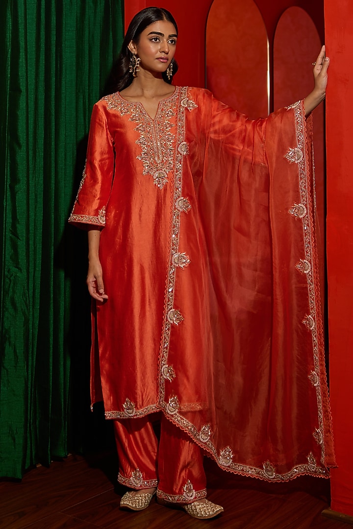 Orange Pure Silk Zardosi Hand Embroidered Kurta Set by Vinita Bhansali at Pernia's Pop Up Shop