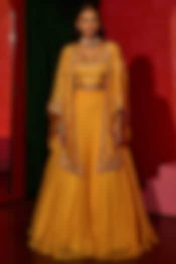 Yellow Pure Silk Zardosi Hand Embroidered Cape Set by Vinita Bhansali at Pernia's Pop Up Shop