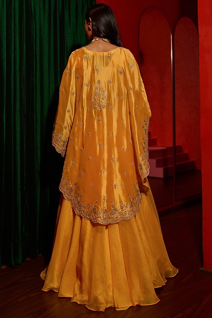 Yellow Pure Silk Zardosi Hand Embroidered Cape Set by Vinita Bhansali at Pernia's Pop Up Shop